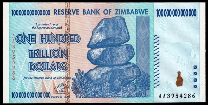 Zimbabwe 100 Trillion Dollars 2008 RARE!
P# 91; UNC; Serie AA; RARE!