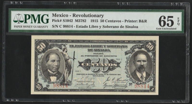 Mexico 50 Centavos 1915 PMG 65 EPQ Gem UNC
#98814; P# S1042; Revolutionary; Est...