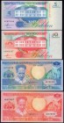Suriname Lot of 4 Banknotes 1986 - 1991
5 - 5 - 10 - 10 Gulden; P# 130a, 131a, 136a, 137a; UNC
