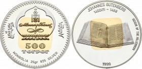 Mongolia 500 Tugrik 1999 Rare
KM# 180; Bi-Metallic Gold Plated Silver 25g 38.61mm; Genius of the Millennium - Johannes Gutenberg; Mint. 2.500; With O...