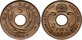 East Africa 5 Cents 1936 KN 
KM# 23; Bronze; UNC