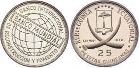 Equatorial Guinea 25 Pesetas 1970 United Nations
KM# 6; Silver, Proof. Mintage 2475. Rare coin.