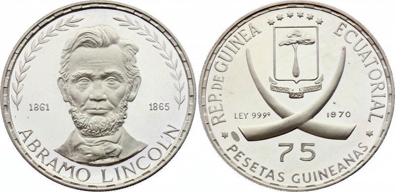 Equatorial Guinea 75 Pesetas 1970 Abraham Lincoln
KM# 10.1; Silver, Proof. Mint...