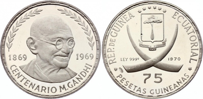 Equatorial Guinea 75 Pesetas 1970 Mahatma Gandhi Centennial
KM# 11; Silver, Pro...