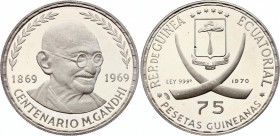 Equatorial Guinea 75 Pesetas 1970 Mahatma Gandhi Centennial
KM# 11; Silver, Proof. Mintage 4000. Rare coin.