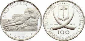 Equatorial Guinea 100 Pesetas 1970 Goya’s Naked Maja
KM# 13.5; Silver, Proof. Mintage 30000.