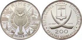 Equatorial Guinea 200 Pesetas 1970 World Football Cup in Mexico
KM# 18.1; Silver, Proof. Mintage Unknown.