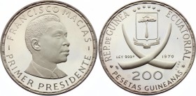Equatorial Guinea 200 Pesetas 1970 First President Francisco Macias
KM# 19; Silver, Proof. Mintage 4000. Rare coin.
