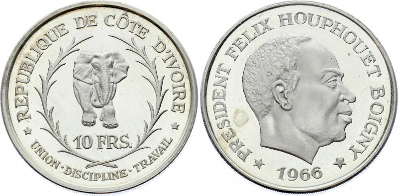 Ivory Coast 10 Francs 1966 
KM# 1; 2.9mm Planchet; Silver Proof; Félix Houphouë...