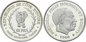 Ivory Coast 10 Francs 1966 
KM# 1; 2.9mm Planchet; Silver Proof; Félix Houphouët-Boigny