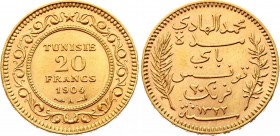 Tunisia 20 Francs 1904 A AH 1322
KM# 234, Lec# 460; Gold (.900), 6.45g.