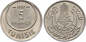 Tunisia 5 Francs 1957 
KM# 277; Copper-Nickel; UNC