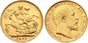 Australia 1 Sovereign 1903 P
KM# 15; Perth Mint; Gold (.917) 7.99g 22mm; George V
