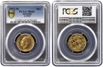 Australia 1 Sovereign 1912 M PCGS MS62
KM# 29; Melbourne Mint; Gold (.917) 7.99g 21mm; George V
