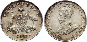 Australia 3 Pence 1920 M Rare!
KM# 24; Silver; George V; XF with scratches