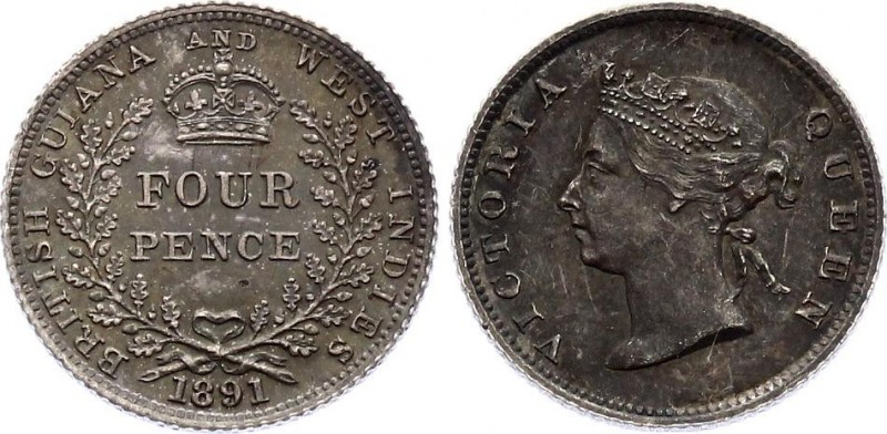 British Guiana 4 Pence 1891 
KM# 26; Silver; Victoria; UNC- Very Rare in this G...