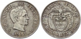 Colombia 50 Centavos 1922 
KM# 193.2; Silver; VF-XF