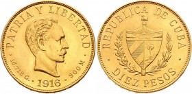 Cuba 10 Pesos 1916
KM# 20; Gold (.900), 16.71g. UNC.