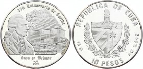 Cuba 10 Pesos 1999 
KM# 754; Silver Proof; Goethe's Weimar Home; With Certificate