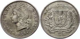 Dominican Republic 1 Peso 1939 
KM# 22; Silver; XF