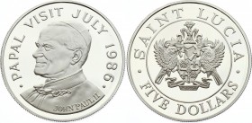 Saint Lucia 5 Dollars 1986 
KM# 14a; Silver; Mintage 2120 Pieces; Papal Visit - John Paul II; Proof
