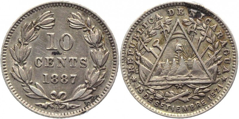 Nicaragua 10 Cents 1887 
KM# 6; Silver 2,5g.