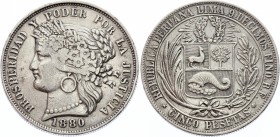 Peru 5 Pesetas 1880 BF 
KM# 201.1; Silver; VF-XF