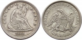United States Quarter Dollar 1861
KM# A64.2; "Seated Liberty Quarter" (without motto). Silver, AUNC, Krause AUNC - 195$