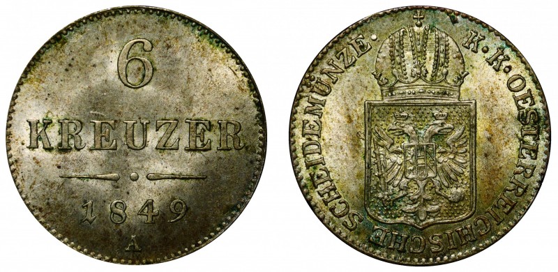 Austria 6 Kreuzer 1849 A - Wien
KM# 2200; Silver (.438); 1.92 g; Mint Vienna; M...