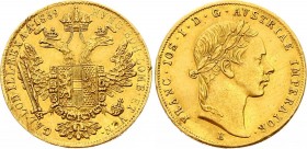 Austria 1 Ducat 1859 E - Karlsburg
KM# 2263; Gold (.986) 3.49g 19.8mm; Franz Joseph I; Mintage 288,260