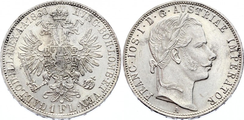 Austria 1 Florin 1860 
KM# 2219; Silver; Franz Joseph I; UNC Prooflike Surface ...