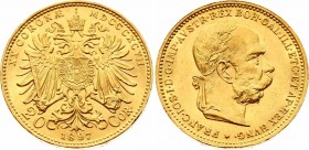 Austria 20 Corona 1897
KM# 2806; Franz Joseph I. Gold (.900) 6.78g. UNC.