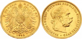 Austria 10 Corona 1905
KM# 2805; Franz Joseph I. Gold (.900) 3.39g. UNC.