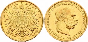 Austria 20 Corona 1905
KM# 2806; Franz Joseph I. Mintage 146.097. Gold (.900) 6.78g. UNC.