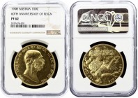 Austria 100 Corona 1908 Proof NGC PF62
KM# 2812; Fr# 514; Proof; Gold (.900) 33.88g 37mm; Mintage 16.026; Very Rare in this Condition; Kremnitz mint,...