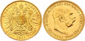 Austria 10 Corona 1911 St Schwartz
KM# 2816; Franz Joseph I. Gold (.900) 3.39g. UNC.