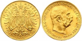 Austria 20 Corona 1915 St Schwartz
KM# 2818; Franz Joseph I; Gold (.900) 6.78 g. RESTRIKE. UNC.