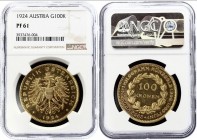 Austria 100 Kronen 1924 Proof NGC PF61
KM# 2831; First Republic. Proof; Gold (.900) 33.88g 37mm; Mintage 2851 only! Extremely rare in Proof. Very rar...