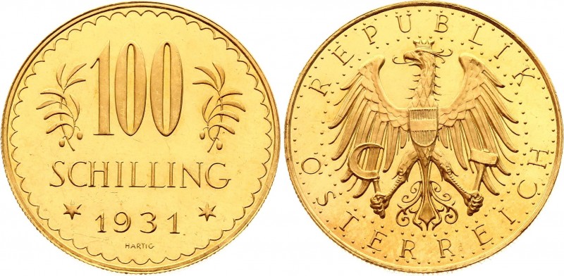 Austria 100 Schilling 1931
KM# 2842; Gold (.900), 23.52g. Mintage 101,935. Proo...