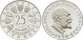 Austria 25 Schilling 1958 PP PROOF
KM# 2884; 100th Anniversary of Auer von Welsbach, chemist. Proof. Very rare in this quality. Mintage 500 only.