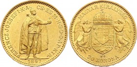 Hungary 20 Korona 1897 KB
KM# 486; Gold (.900) 6.78g 21mm; Franz Joseph I