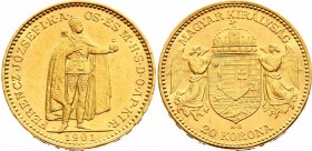 Hungary 20 Korona 1901 KB
KM# 486; Franz Joseph I, Kremnitz. Mintage 510.000. Gold (.900) 6,78g. UNC. Rare grade for this type