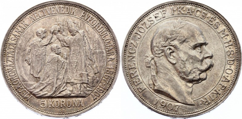 Hungary 5 Korona 1907 KB
KM# 489; Silver; 40th Anniversary of the Coronation of...