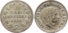 German States Baden 3 Kreuzer 1830 UNC
KM# 191, Ludwig I, Silver, UNC. Rare in this grade.