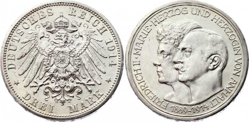 Germany - Empire Anhalt 3 Mark 1914 A
Jaeger# 24; Silver, Mintage 200000; AUNC;...