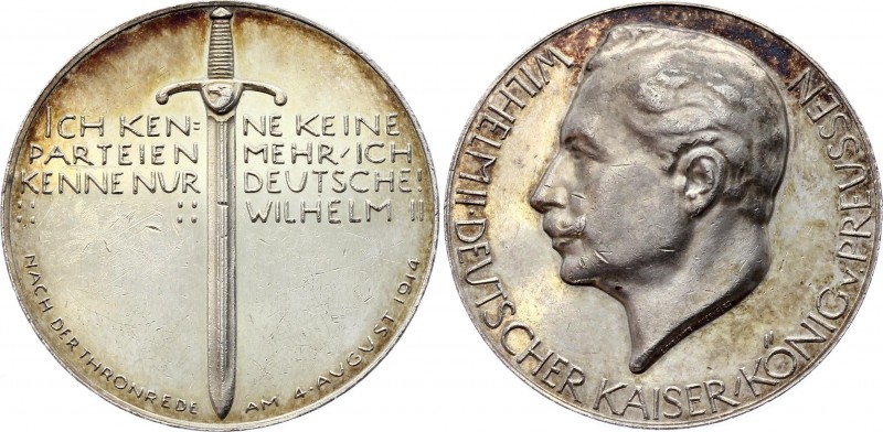 Germany - Empire Prussia WWI Throne Speech Medal 1914
Silver; Wilhelm II; Comme...