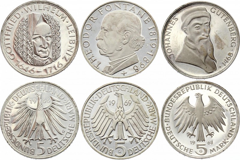 Germany 5 Mark 1966 - 1969 Proof
Lot of 3 Proof Commemorative FRG coins. Gutenb...