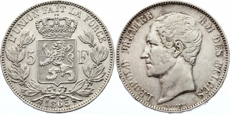 Belgium 5 Francs 1865 
KM# 17; Silver; Léopold I; XF