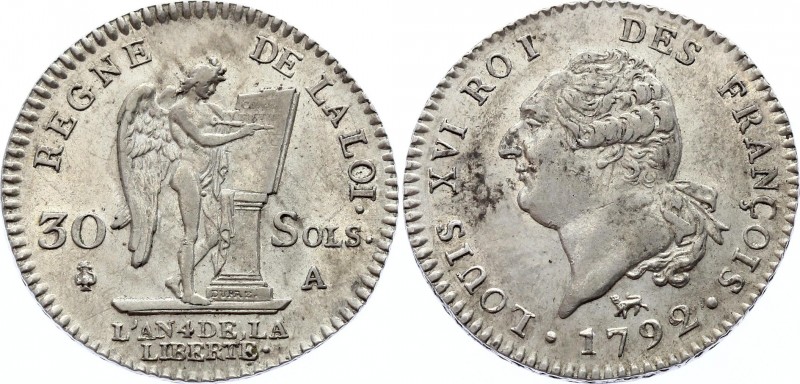 France 30 Sols 1792 A
KM# 606.1; Silver; XF+