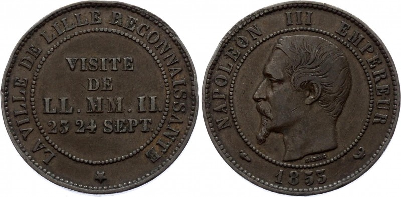 France 10 Centimes 1853 Rare
KM# M24; Copper; Emperor and Empress visit to the ...